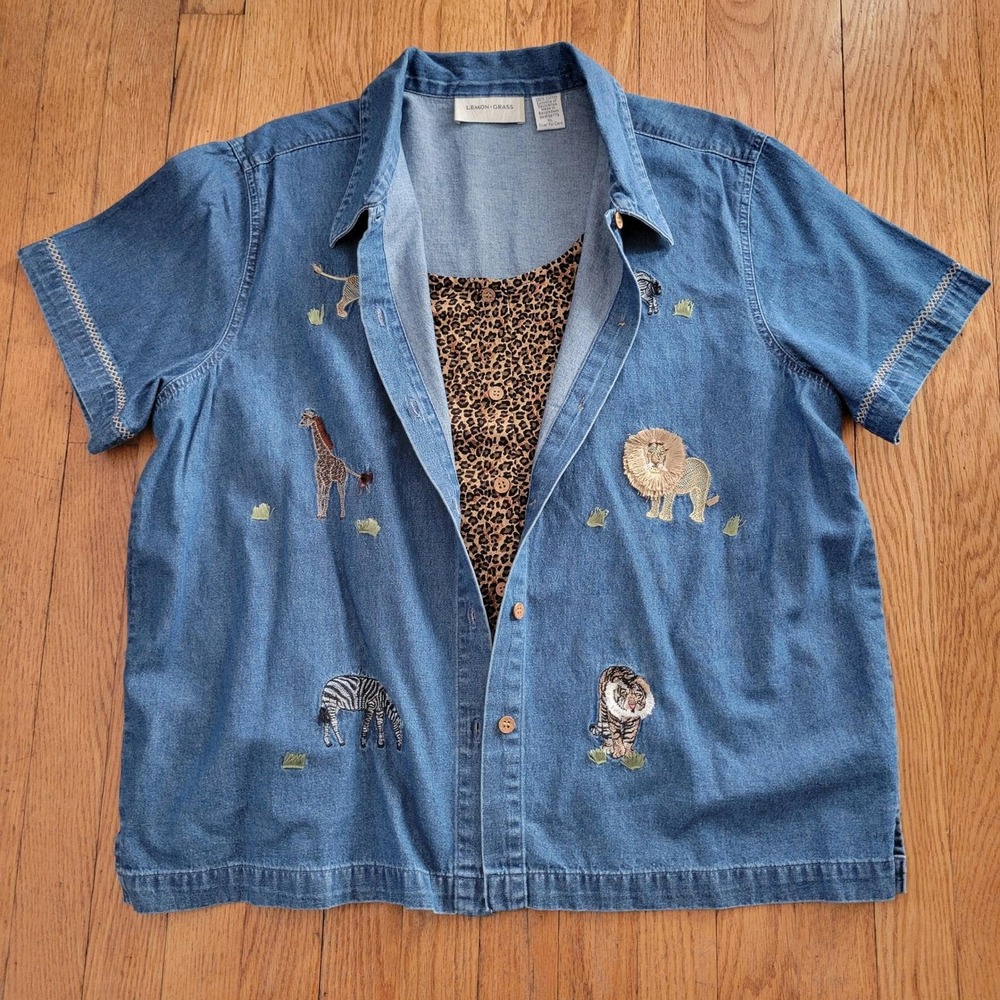Lemon Grass XL Blue Jean Denim Safari Shirt Embroidered Animals‎ L 90s Retro